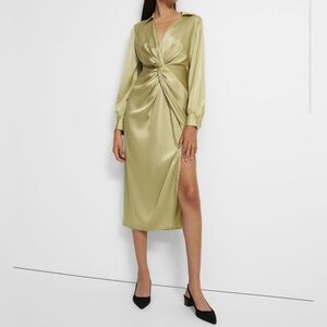 Theory Satin Twist Midi Dress - Pale Lime Green - Size 12